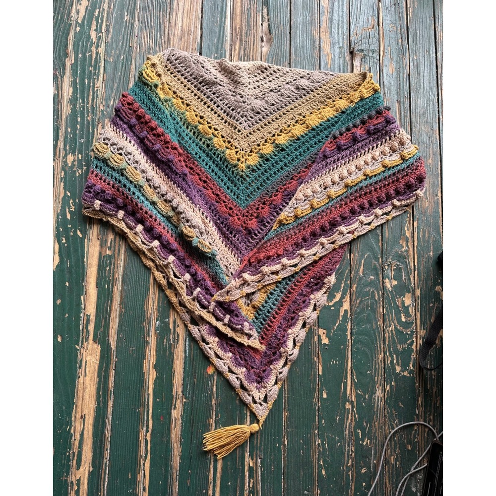 Handmade Crochet Triangle Shawl Multicolor Boho Scarf Tassel Textured Wrap